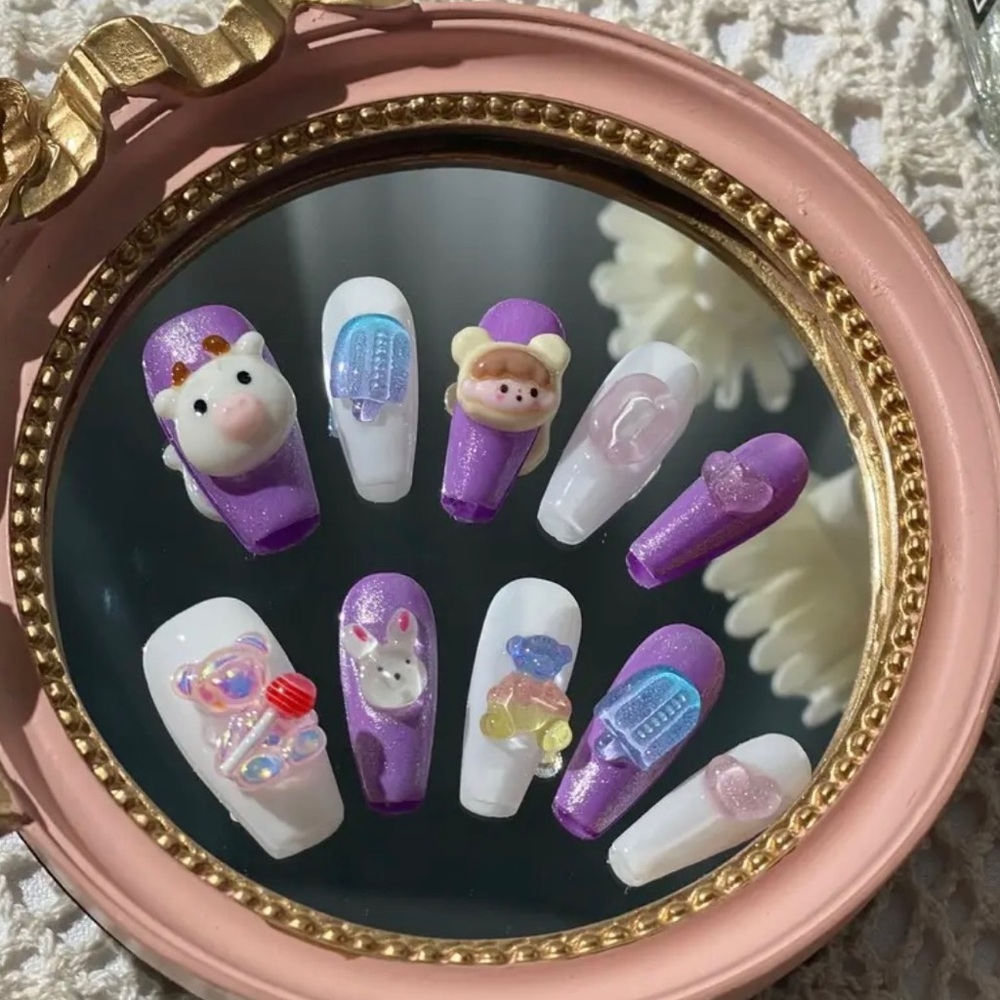 Handmade Charm Press-On Nails cute charms, purple &  white (Free Glue included!)
